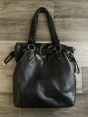 Like New Michael Kors Black Leather Tote with Braided Handles and Gold Accents